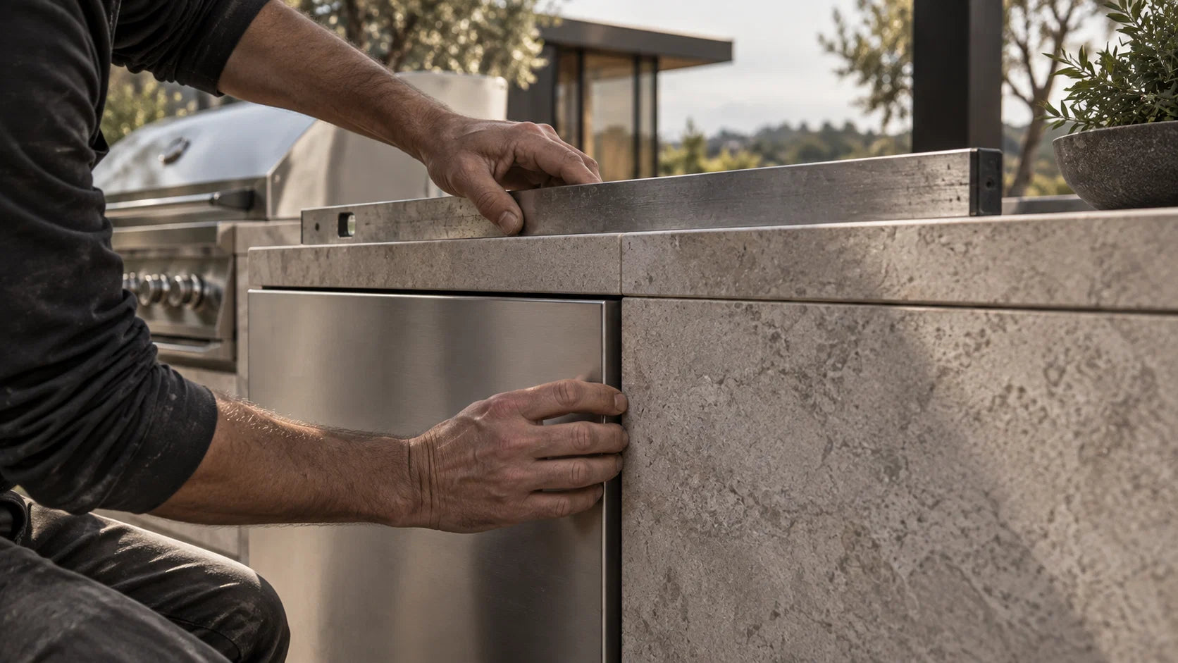 A stainless cabinet being aligned beneath a stone outdoor kitchen counter