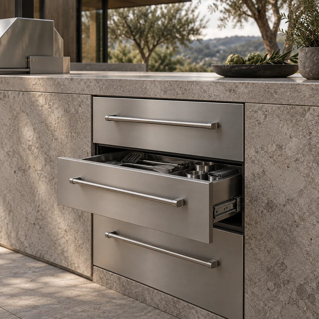 Drawer System in an outdoor kitchen setting