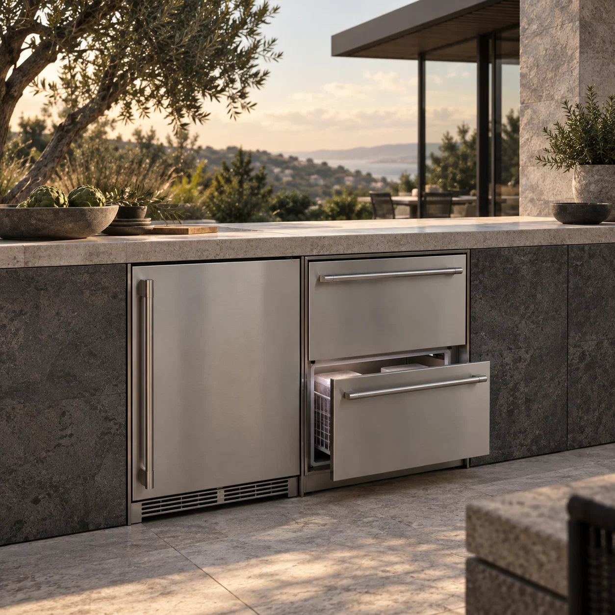 Refrigerator & Freezer in an outdoor kitchen setting