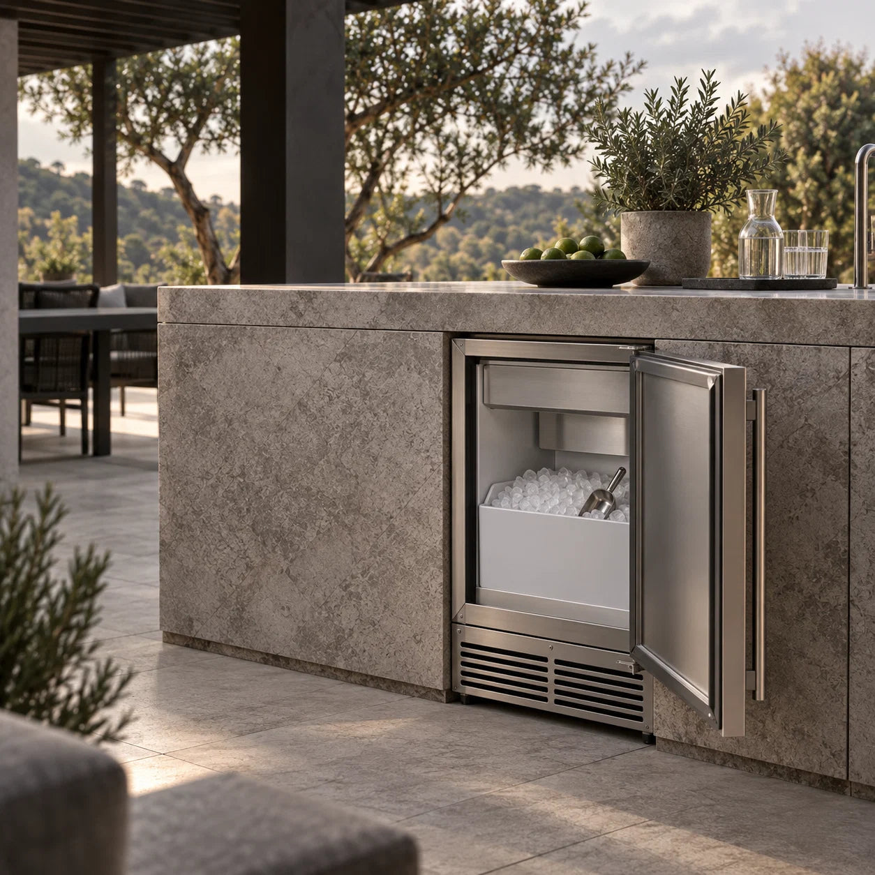 Stainless ice maker integrated into a stone outdoor kitchen