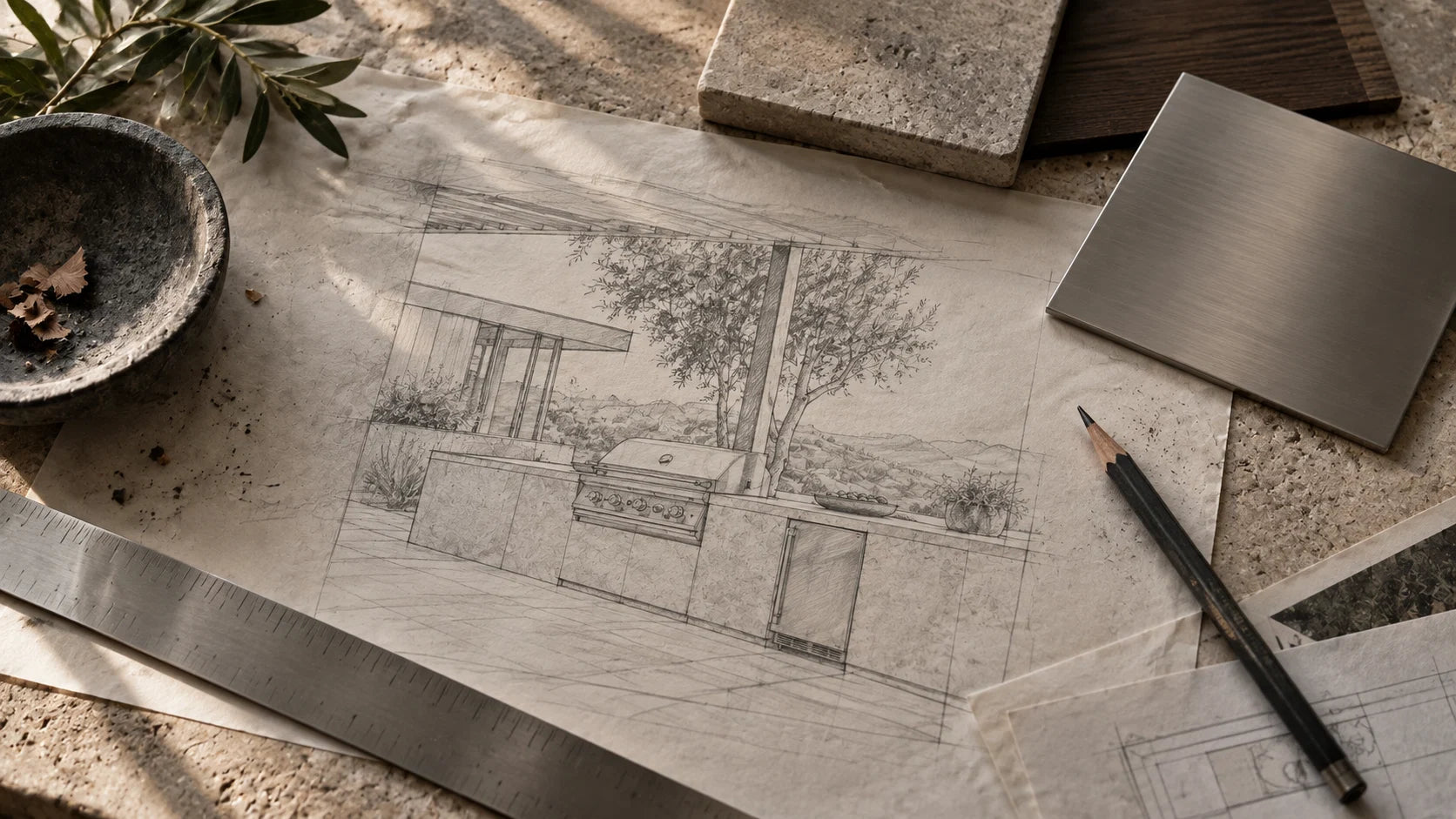Outdoor kitchen plan and material samples laid out for specification