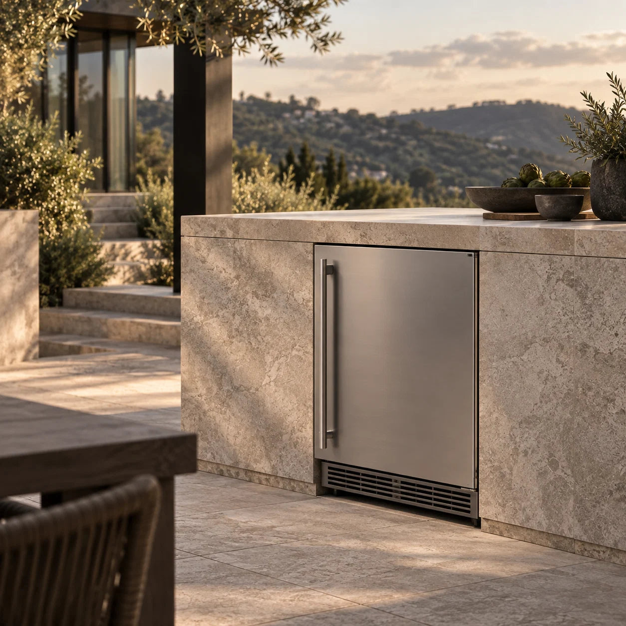 Outdoor Refrigerator in an outdoor kitchen setting